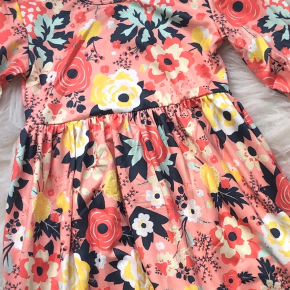 Coral ant Navy Yellow Florals Bell Sleeve Dress - Picture 5 of 5